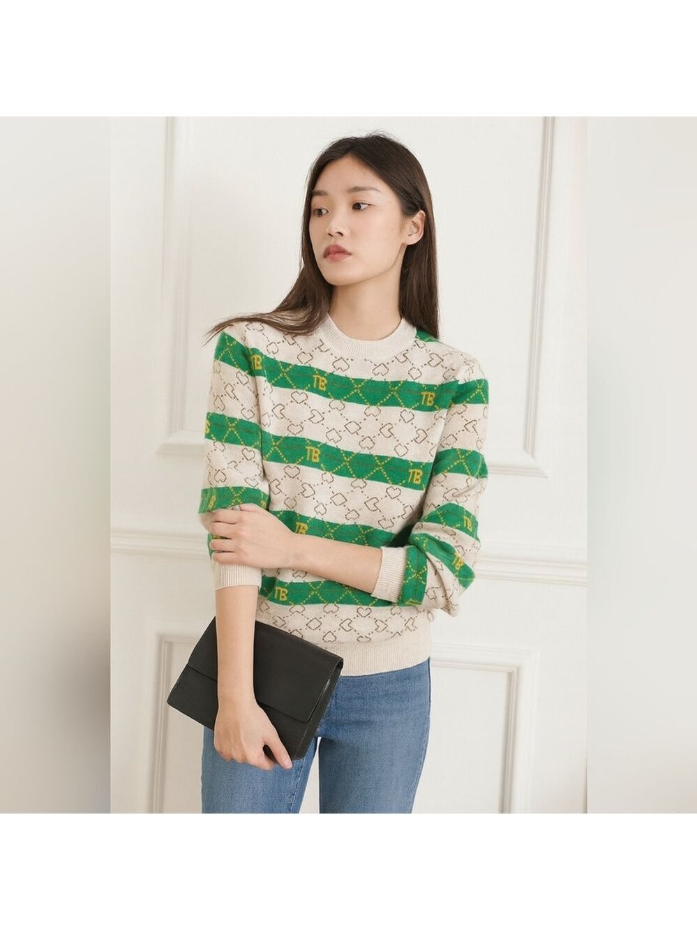 Womens JIANYUE Unique Green/Beige Jacquard Knit Cashmere Blend Sweater Y2K. L